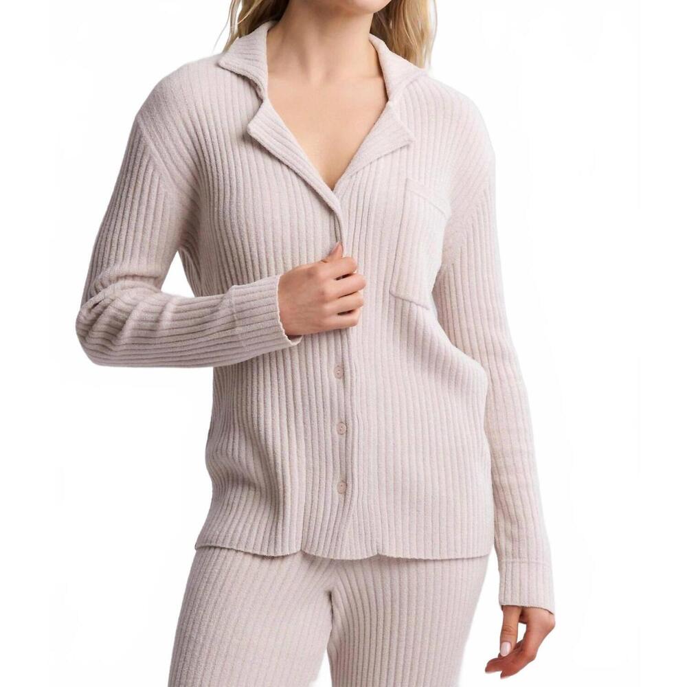 NEW BAREFOOT DREAMS cozychic ultra lite lurex rib button front shirt in chai